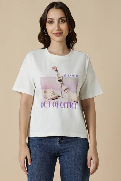 Women Printed Round Neck Pure Cotton White T-Shirt