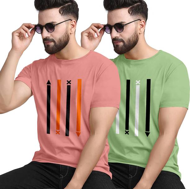 Pack of 2 Men Striped Round Neck Polyester Pink, Green T-Shirt
