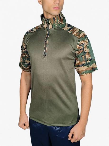Men Military Camouflage Zip Neck Cotton Blend Green T-Shirt