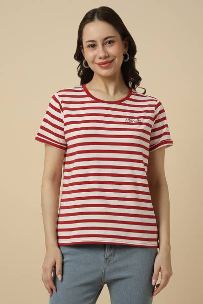Women Striped Round Neck Pure Cotton White T-Shirt