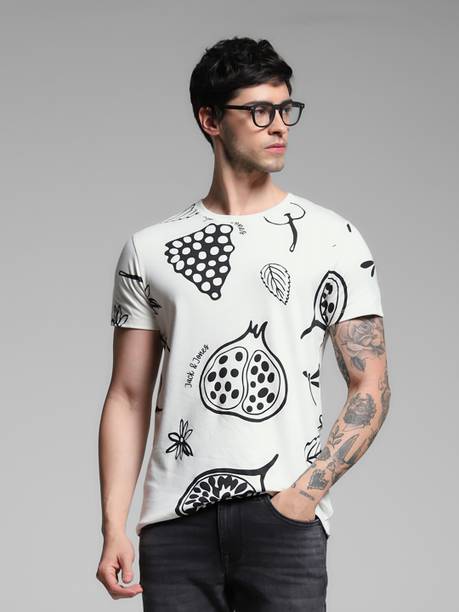 Men Self Design Round Neck Cotton Blend White T-Shirt