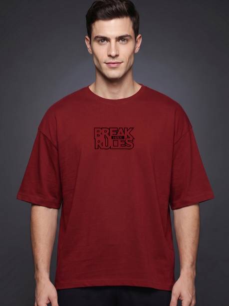 Men Typography Round Neck Pure Cotton Maroon T-Shirt