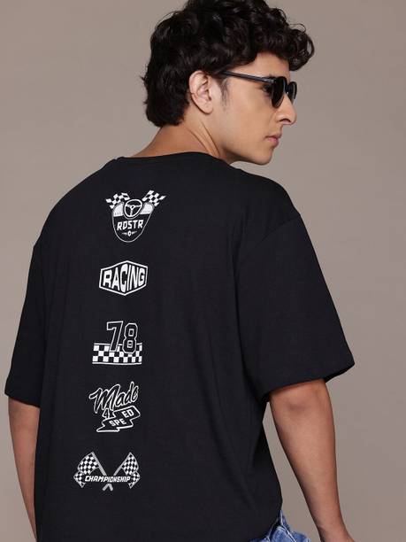 Roadster Men Printed Round Neck Pure Cotton Black T-Shirt