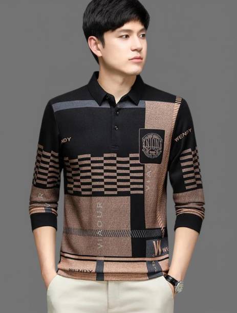 Men Typography, Printed Polo Neck Polycotton Multicolor, Black, Brown T-Shirt