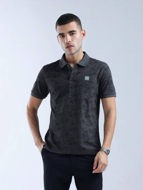 Men Floral Print Polo Neck Pure Cotton Grey T-Shirt