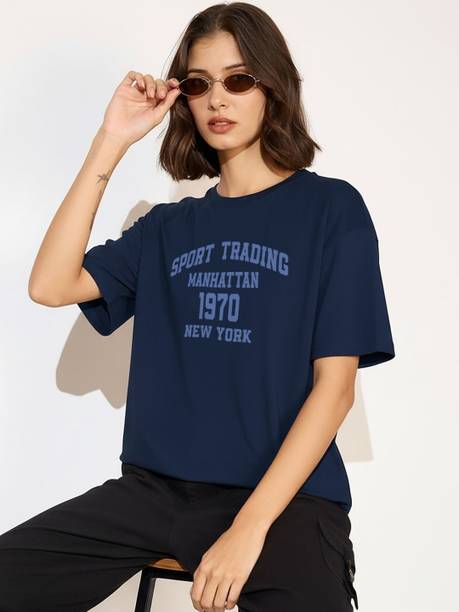 Women Typography Round Neck Cotton Blend Navy Blue T-Shirt