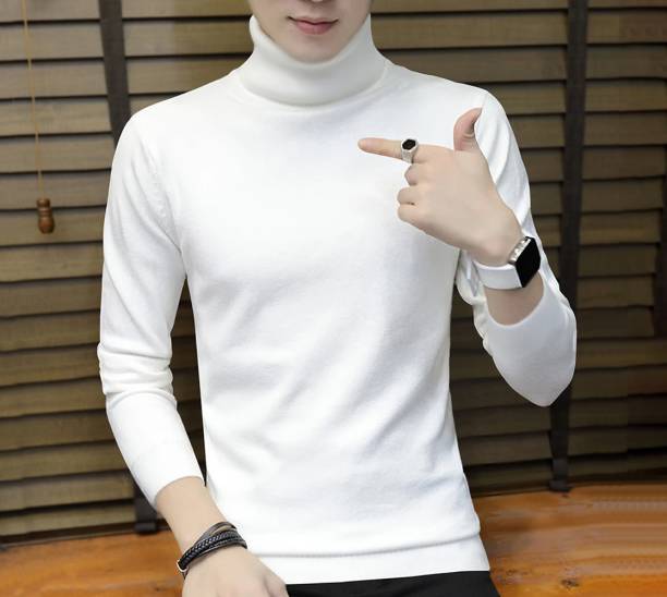 Men Solid High Neck Cotton Blend White T-Shirt Price in India