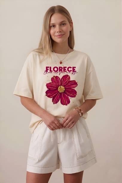 Women Floral Print Round Neck Pure Cotton Beige T-Shirt