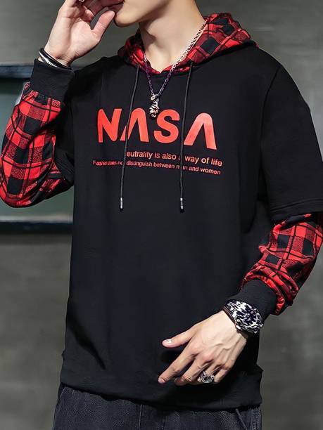 LEWEL Men Typography Hooded Neck Cotton Blend Red, Black T-Shirt