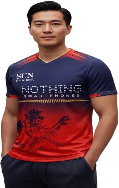Men Self Design V Neck Polyester Red T-Shirt