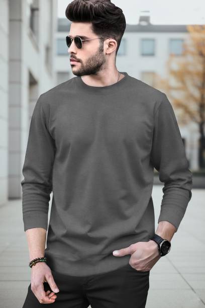 Men Solid Round Neck Cotton Blend Grey T-Shirt