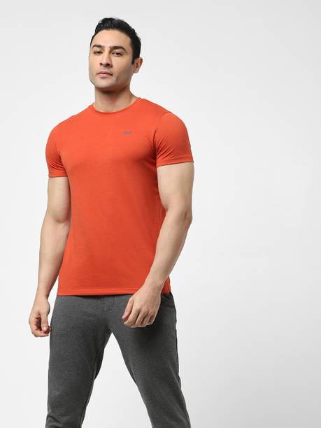 Men Solid Round Neck Cotton Blend Orange T-Shirt