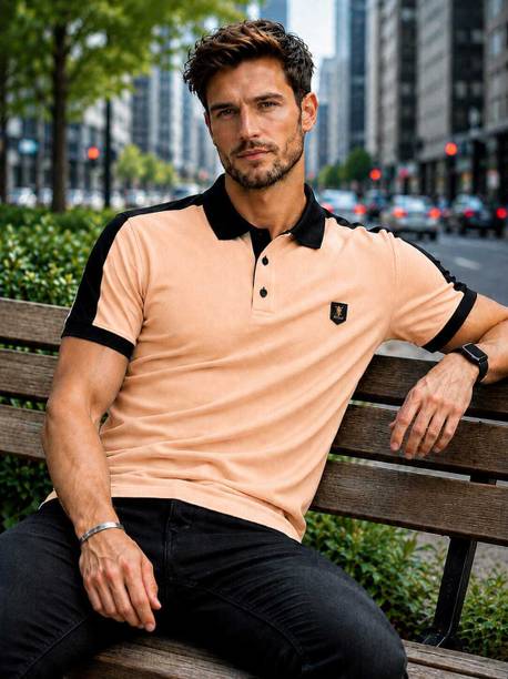 Men Colorblock Polo Neck Cotton Blend Beige, Black T-Shirt