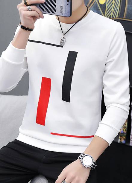 Men Striped Round Neck Pure Cotton White T-Shirt
