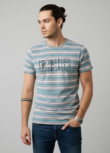 Men Striped Round Neck Cotton Blend Blue T-Shirt