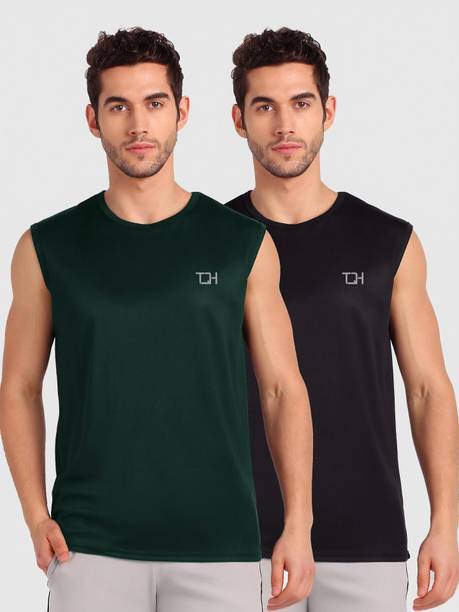 Pack of 2 Men Solid Round Neck Polyester Green, Black T-Shirt