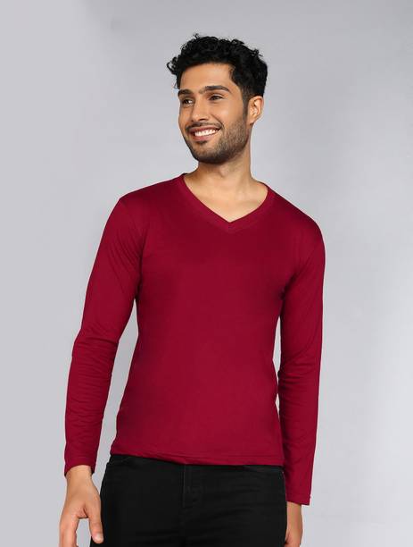 Fleximaa Solid Men V Neck Maroon T-Shirt