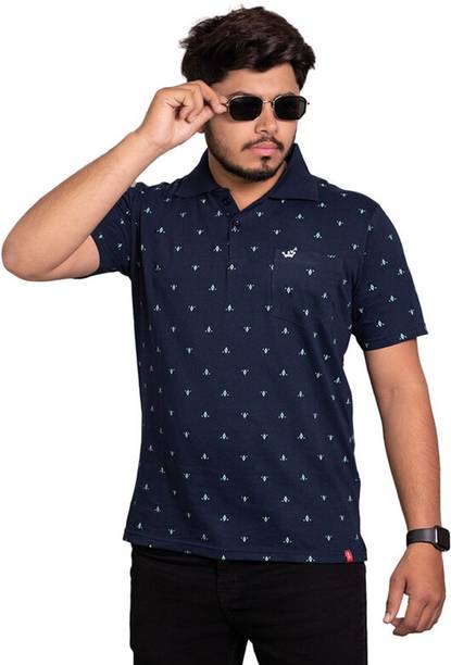 Onestar Men Printed Polo Neck Cotton Blend Navy Blue T-Shirt