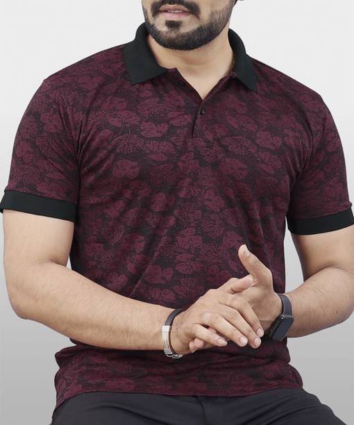 VeBNoR Men Printed Polo Neck Polyester Maroon T-Shirt
