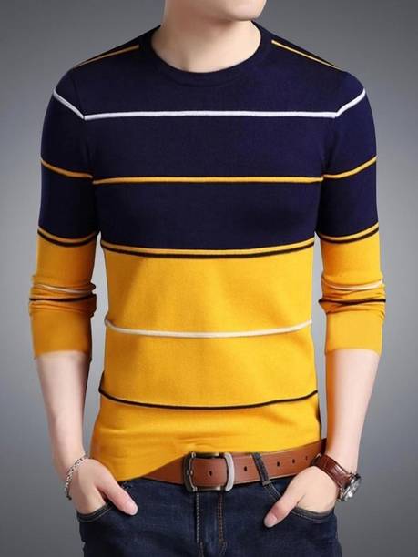 Men Striped Round Neck Cotton Blend Yellow T-Shirt