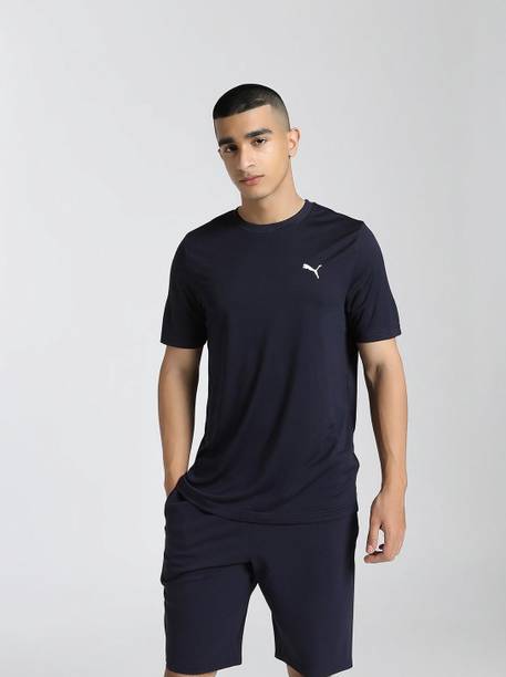 Men Solid Crew Neck Polyester Blue T-Shirt