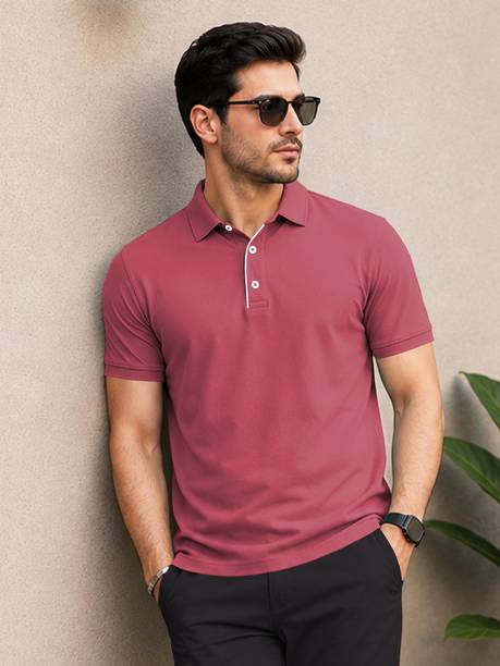 Men Solid Polo Neck Polyester Pink T-Shirt
