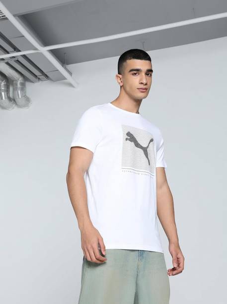 ESS Striped Logo Graphic Men Printed Crew Neck Cotton Blend White T-Shirt