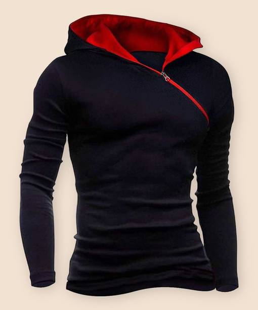 Try This Men Printed Hooded Neck Cotton Blend Red, Black T-Shirt