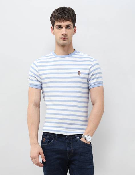 Men Striped Crew Neck Pure Cotton Blue T-Shirt