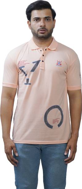 Men Printed Polo Neck Poly Cotton Pink T-Shirt