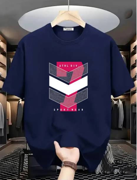 Men Printed Round Neck Pure Cotton Navy Blue T-Shirt