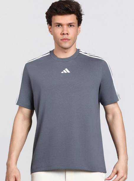 Men Striped Round Neck Pure Cotton Grey T-Shirt
