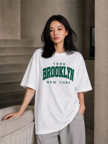 Brave One Women Printed Round Neck Cotton Blend White T-Shirt