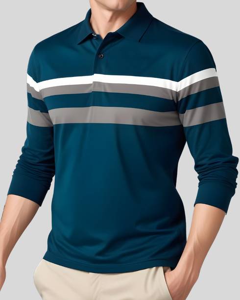 Highkind Men Striped Polo Neck Cotton Blend Dark Blue T-Shirt