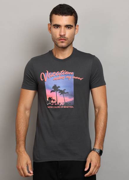 Men Graphic Print Round Neck Cotton Blend Grey T-Shirt