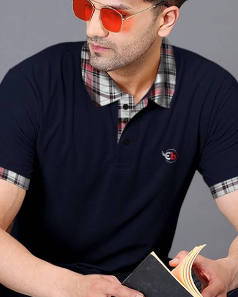 Men Checkered Polo Neck Cotton Blend Navy Blue T-Shirt Price in India