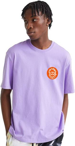 Men Graphic Print Round Neck Poly Cotton Purple T-Shirt