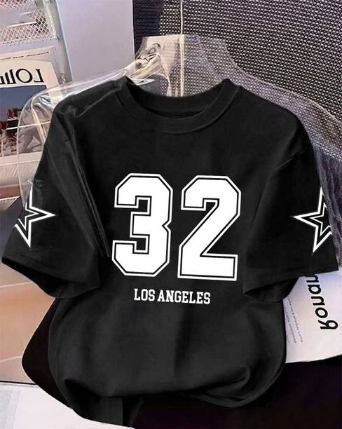 Women Printed Round Neck Cotton Blend Black T-Shirt