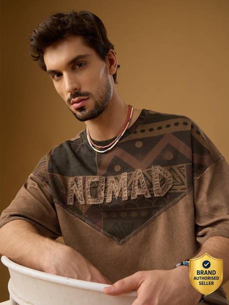 Men Printed Round Neck Pure Cotton Brown T-Shirt