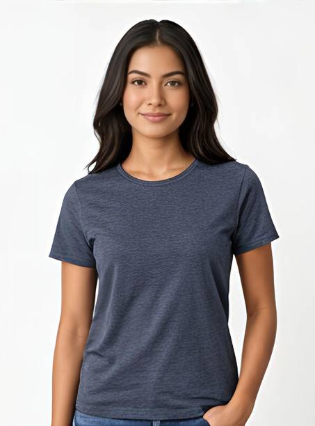 Women Solid Round Neck Polyester Grey T-Shirt