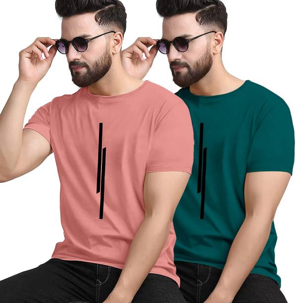 Pack of 2 Men Striped Round Neck Polyester Pink, Dark Green T-Shirt