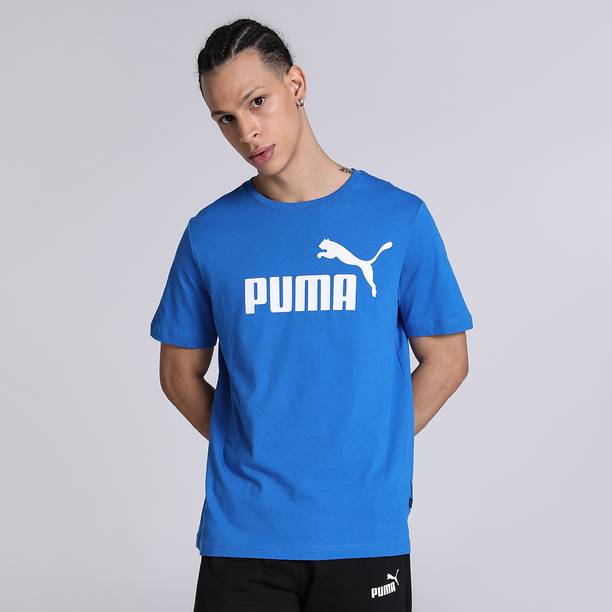 ESS Logo Tee Men Solid Crew Neck Pure Cotton Blue T-Shirt