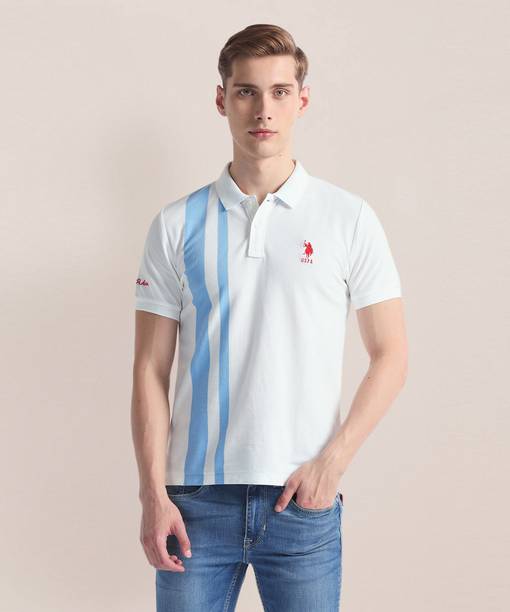 Men Striped Polo Neck Cotton Blend White T-Shirt