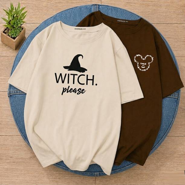 Pack of 2 Women Printed Round Neck Cotton Blend Beige, Brown, Multicolor T-Shirt