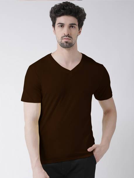 Men Solid V Neck Cotton Blend Brown T-Shirt