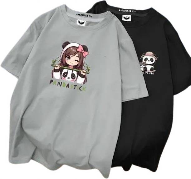 Pack of 2 Women Graphic Print Round Neck Cotton Blend Grey, Black T-Shirt