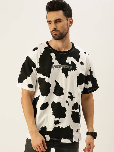 Oversize Men Printed, Typography Round Neck Pure Cotton White, Black T-Shirt