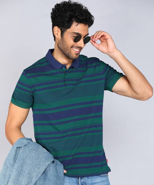 Men Striped Polo Neck Pure Cotton Green T-Shirt