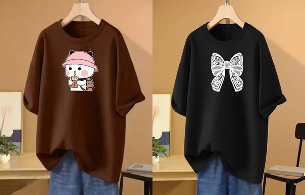 Pack of 2 Women Printed Round Neck Cotton Blend Brown, Black T-Shirt
