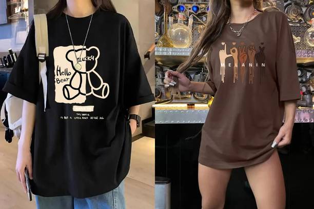 Pack of 2 Women Graphic Print, Typography Round Neck Pure Cotton Black, Brown T-Shirt